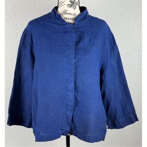 Bryn Walker Women's 100% Linen Navy 3/4 Sleeve Button Down Cropped Top Small